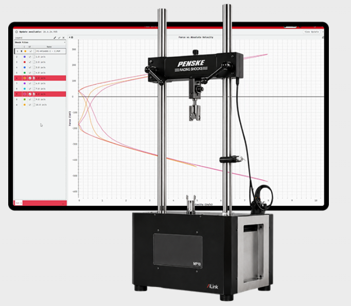 Penske Racing Shocks dyno machine with damper force-velocity curves on the monitor