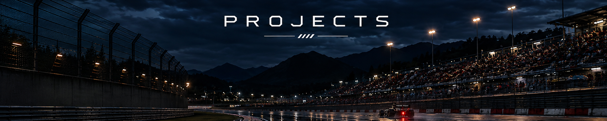 Night race track with a race car driving on wet pavement, used as the Projects section banner.