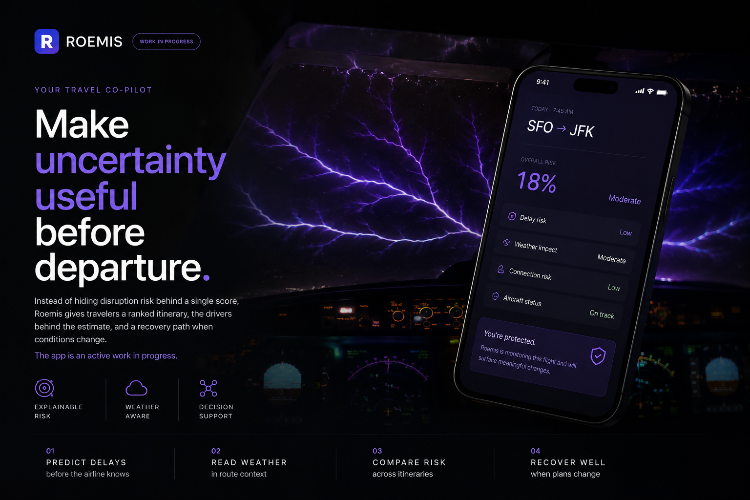 Roemis travel co-pilot concept showing a flight risk summary, weather-aware decision support, and recovery guidance.