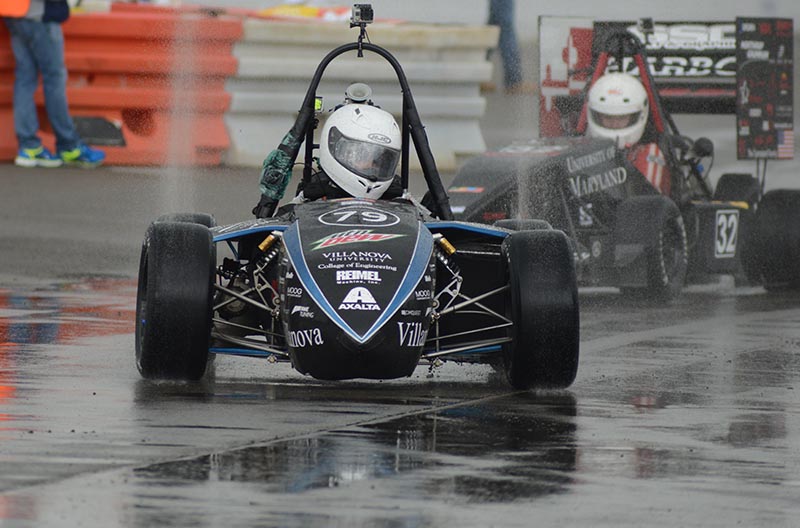 Villanova Formula SAE race car competing in the rain